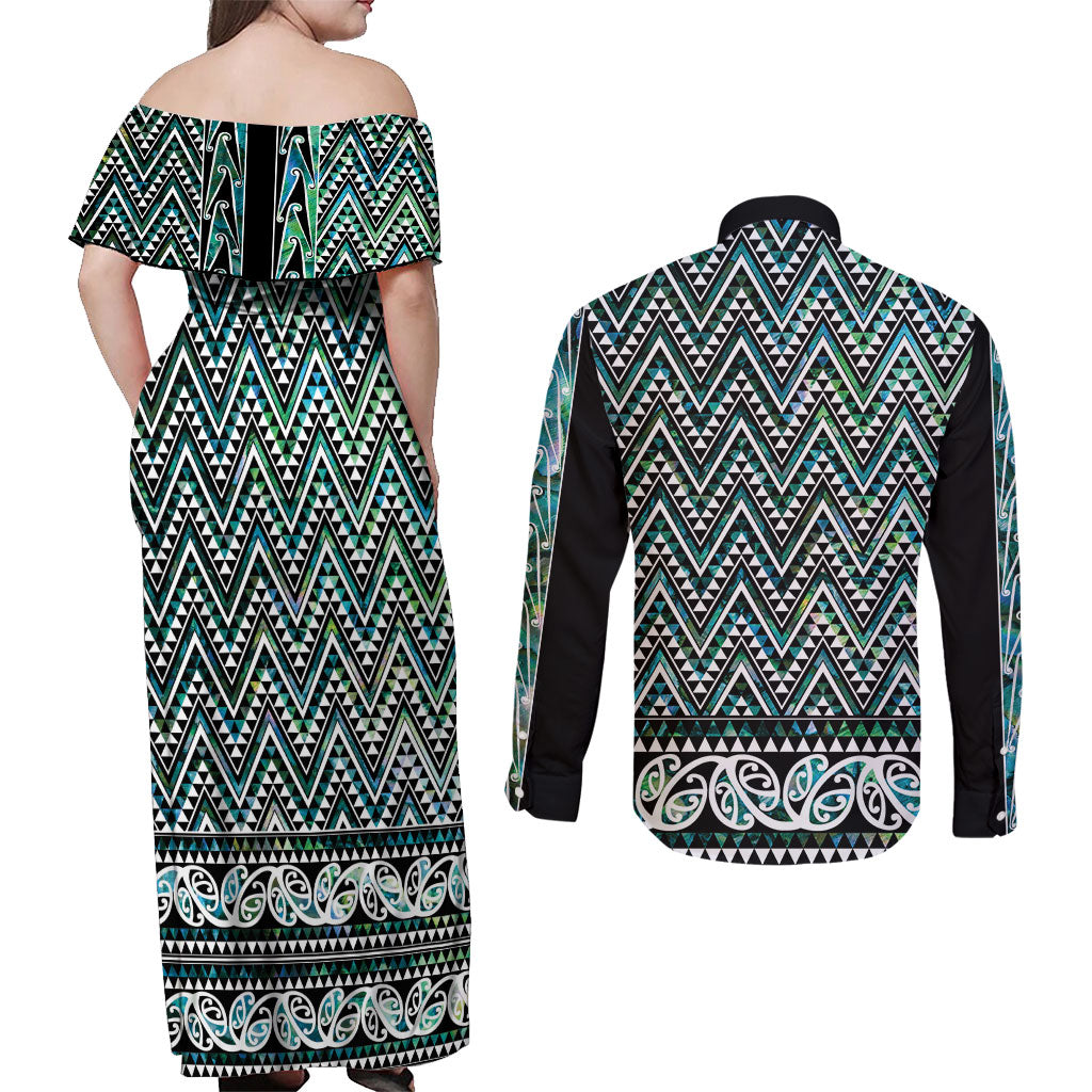New Zealand Maori Niho Taniwha Couples Matching Off Shoulder Maxi Dress and Long Sleeve Button Shirt Papua Shell - Mangopare Puhoro Pattern