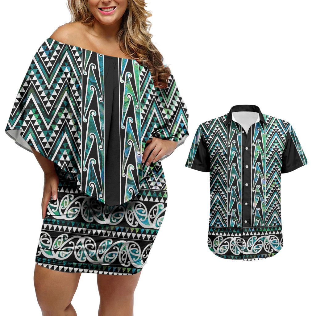 New Zealand Maori Niho Taniwha Couples Matching Off Shoulder Short Dress and Hawaiian Shirt Papua Shell - Mangopare Puhoro Pattern LT9 Green - Polynesian Pride