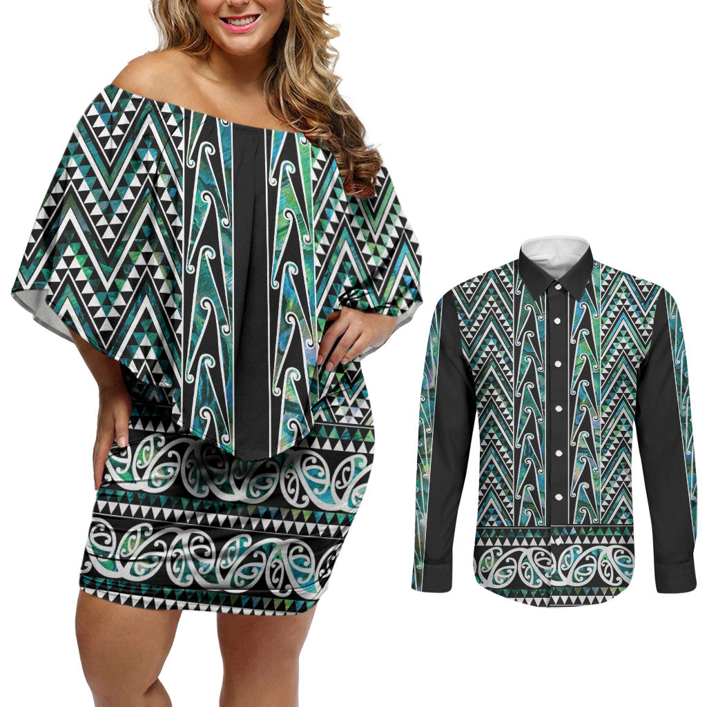 New Zealand Maori Niho Taniwha Couples Matching Off Shoulder Short Dress and Long Sleeve Button Shirt Papua Shell - Mangopare Puhoro Pattern LT9 Green - Polynesian Pride