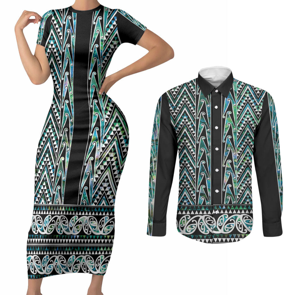 New Zealand Maori Niho Taniwha Couples Matching Short Sleeve Bodycon Dress and Long Sleeve Button Shirt Papua Shell - Mangopare Puhoro Pattern LT9 Green - Polynesian Pride