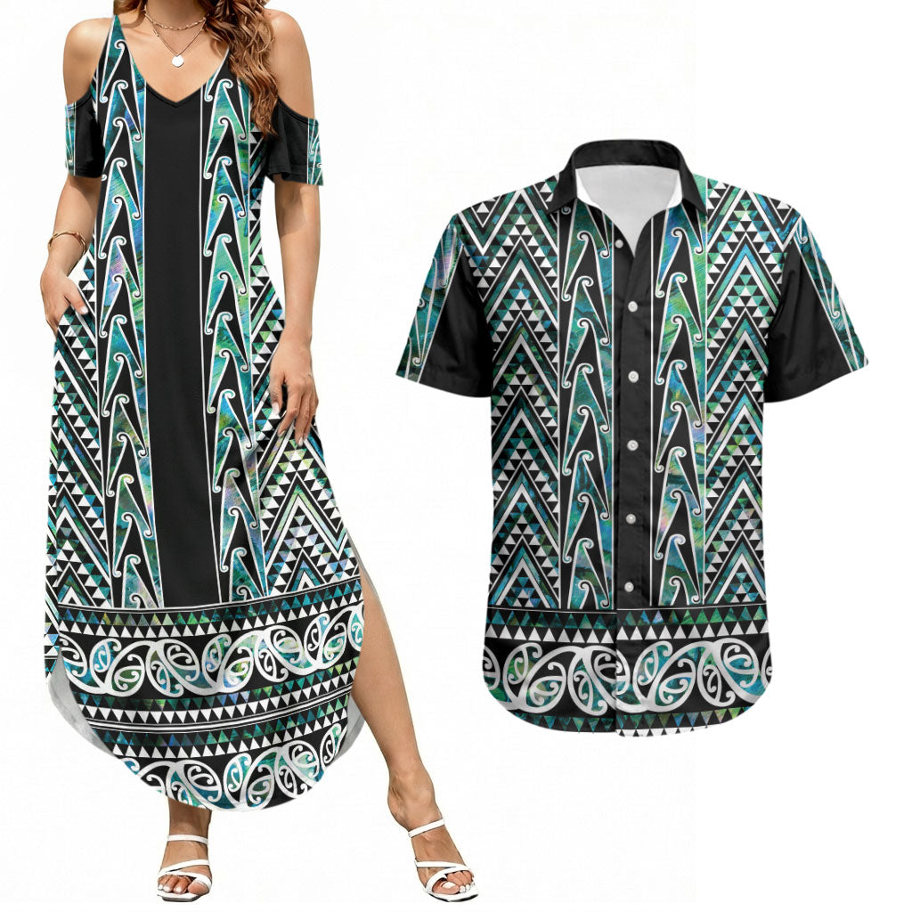 New Zealand Maori Niho Taniwha Couples Matching Summer Maxi Dress and Hawaiian Shirt Papua Shell - Mangopare Puhoro Pattern LT9 Green - Polynesian Pride