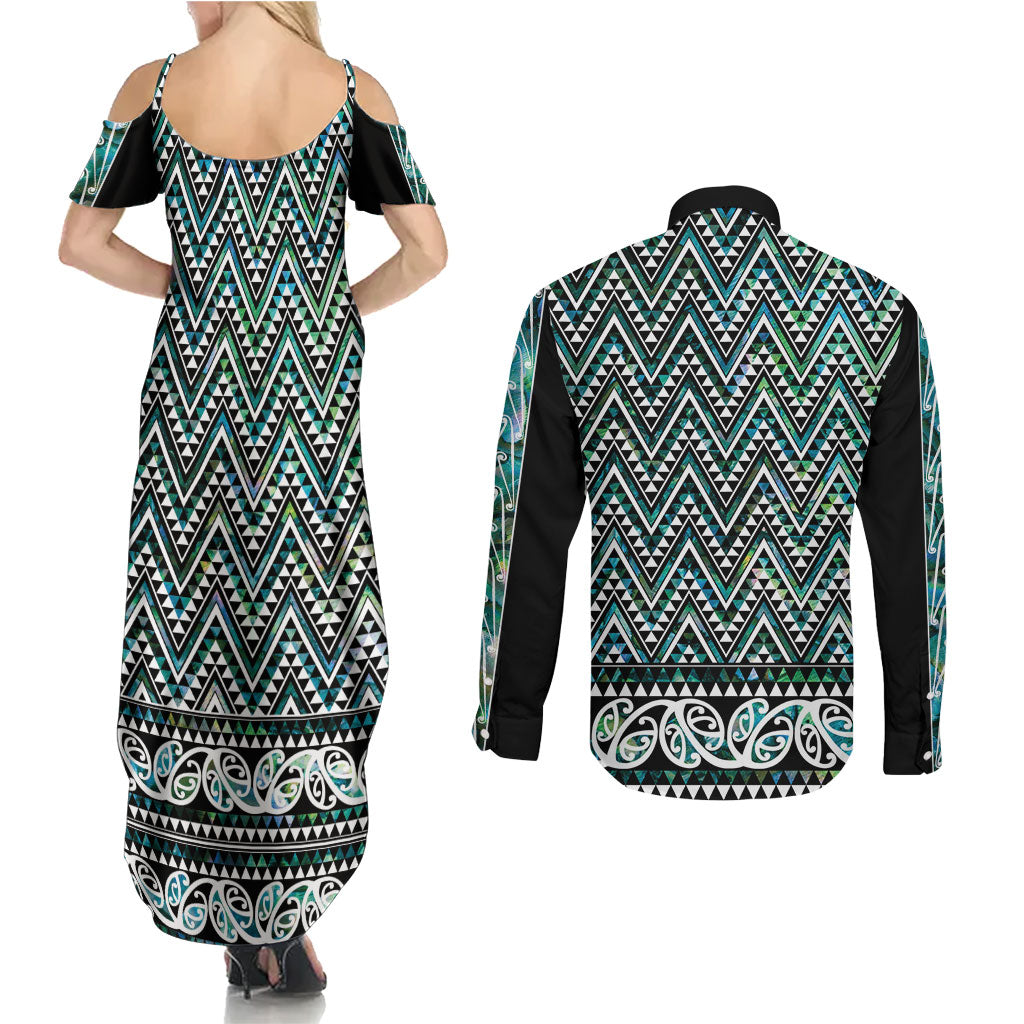 New Zealand Maori Niho Taniwha Couples Matching Summer Maxi Dress and Long Sleeve Button Shirt Papua Shell - Mangopare Puhoro Pattern