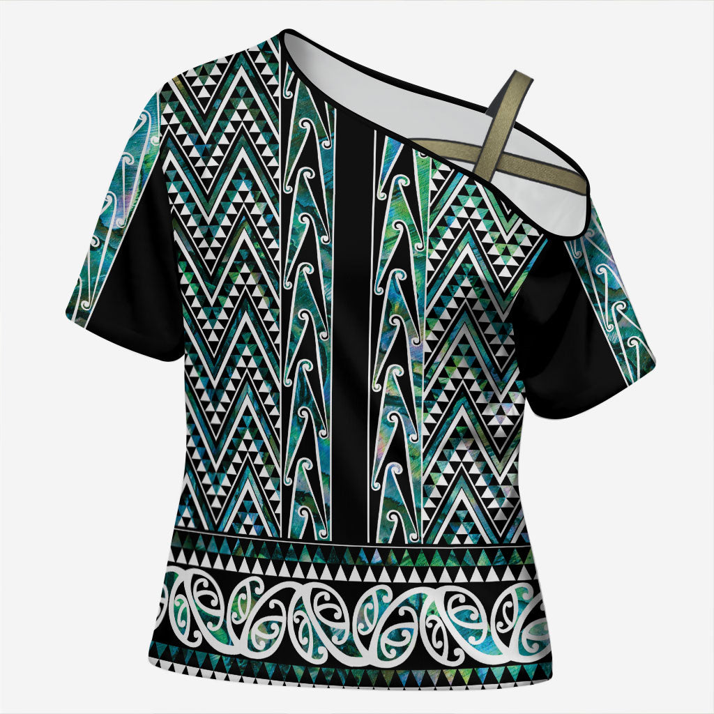 New Zealand Maori Niho Taniwha Cross Shoulder Shirt Papua Shell - Mangopare Puhoro Pattern LT9 Female Green - Polynesian Pride