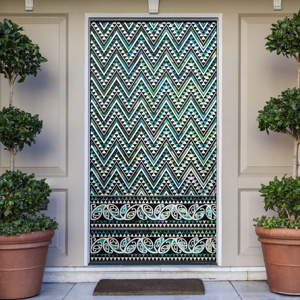 New Zealand Maori Niho Taniwha Door Cover Papua Shell - Mangopare Puhoro Pattern LT9 Green - Polynesian Pride