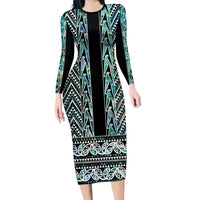 New Zealand Maori Niho Taniwha Family Matching Long Sleeve Bodycon Dress and Hawaiian Shirt Papua Shell - Mangopare Puhoro Pattern LT9 Mom's Dress Green - Polynesian Pride