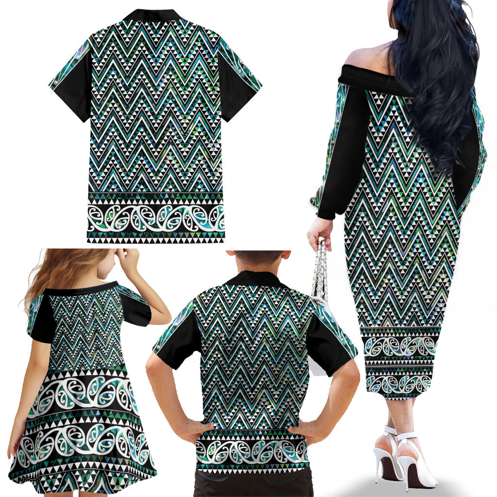 New Zealand Maori Niho Taniwha Family Matching Off The Shoulder Long Sleeve Dress and Hawaiian Shirt Papua Shell - Mangopare Puhoro Pattern LT9 - Polynesian Pride