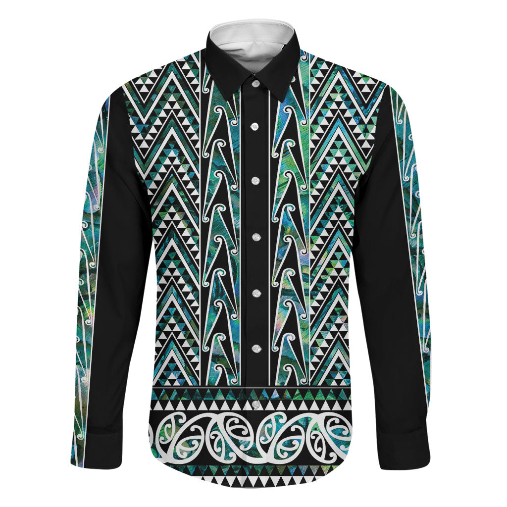 New Zealand Maori Niho Taniwha Family Matching Off The Shoulder Long Sleeve Dress and Hawaiian Shirt Papua Shell - Mangopare Puhoro Pattern LT9 Dad's Shirt - Long Sleeve Green - Polynesian Pride