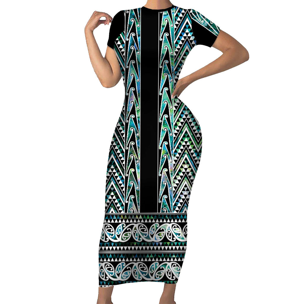 New Zealand Maori Niho Taniwha Family Matching Short Sleeve Bodycon Dress and Hawaiian Shirt Papua Shell - Mangopare Puhoro Pattern LT9 Mom's Dress Green - Polynesian Pride