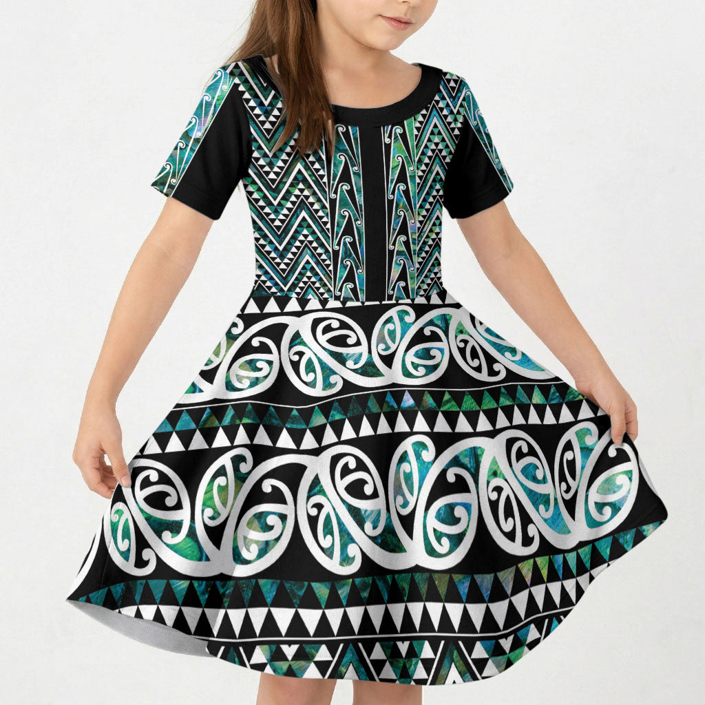 New Zealand Maori Niho Taniwha Kid Short Sleeve Dress Papua Shell - Mangopare Puhoro Pattern LT9 KID Green - Polynesian Pride