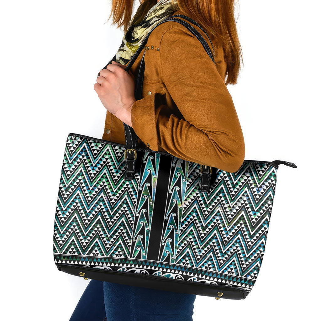 New Zealand Maori Niho Taniwha Leather Tote Bag Papua Shell - Mangopare Puhoro Pattern LT9 Green - Polynesian Pride