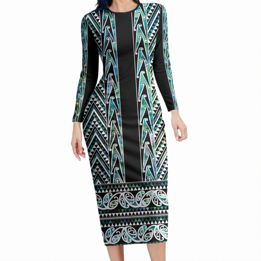 New Zealand Maori Niho Taniwha Long Sleeve Bodycon Dress Papua Shell - Mangopare Puhoro Pattern LT9 Long Dress Green - Polynesian Pride