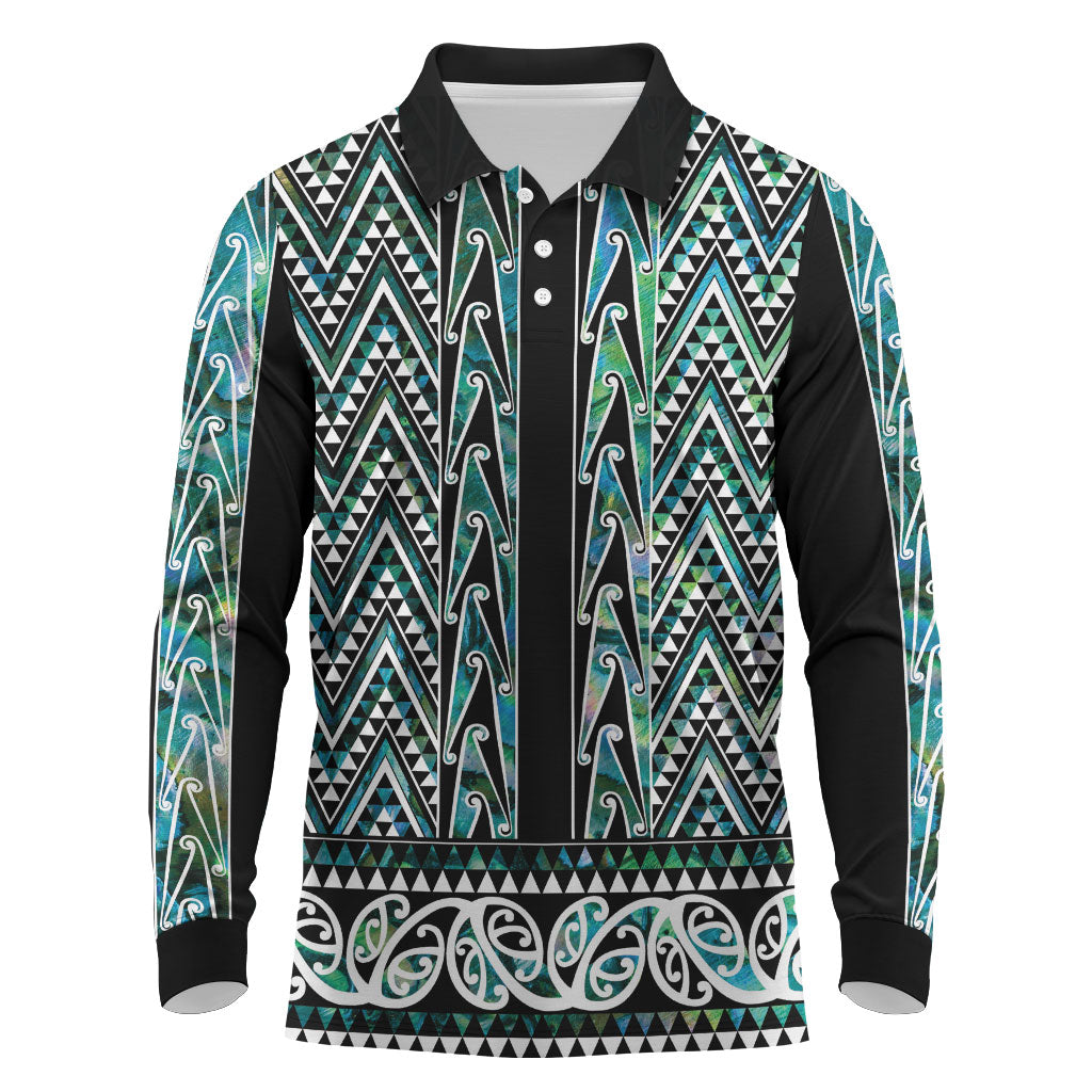 New Zealand Maori Niho Taniwha Long Sleeve Polo Shirt Papua Shell - Mangopare Puhoro Pattern LT9 Green - Polynesian Pride