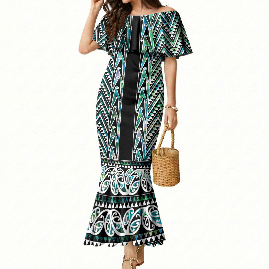 New Zealand Maori Niho Taniwha Mermaid Dress Papua Shell - Mangopare Puhoro Pattern LT9 Women Green - Polynesian Pride
