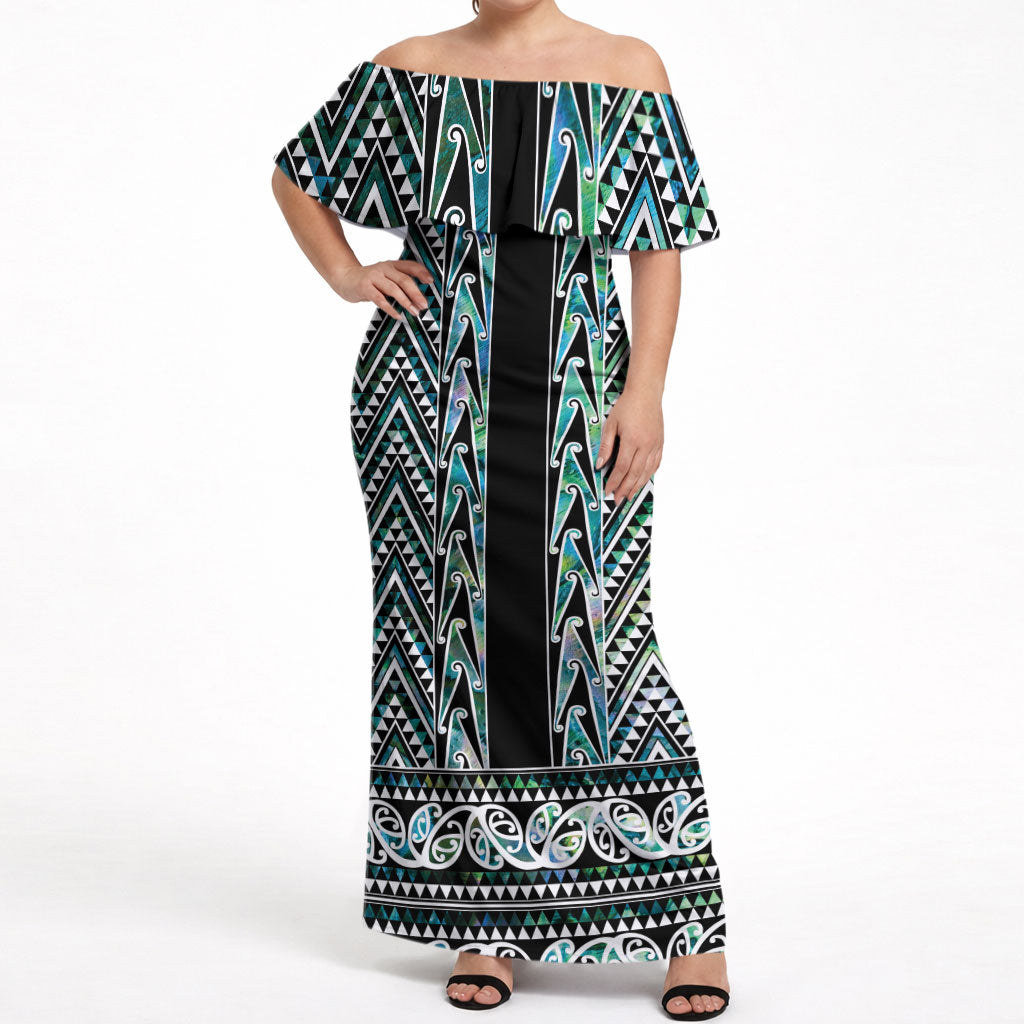 New Zealand Maori Niho Taniwha Off Shoulder Maxi Dress Papua Shell - Mangopare Puhoro Pattern LT9 Women Green - Polynesian Pride