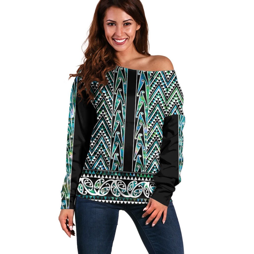 New Zealand Maori Niho Taniwha Off Shoulder Sweater Papua Shell - Mangopare Puhoro Pattern LT9 Women Green - Polynesian Pride