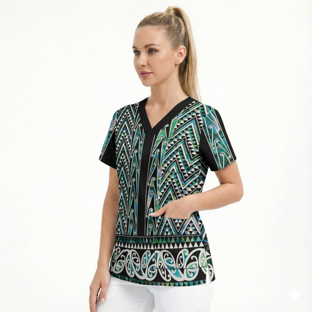New Zealand Maori Niho Taniwha Scrub Top Papua Shell - Mangopare Puhoro Pattern