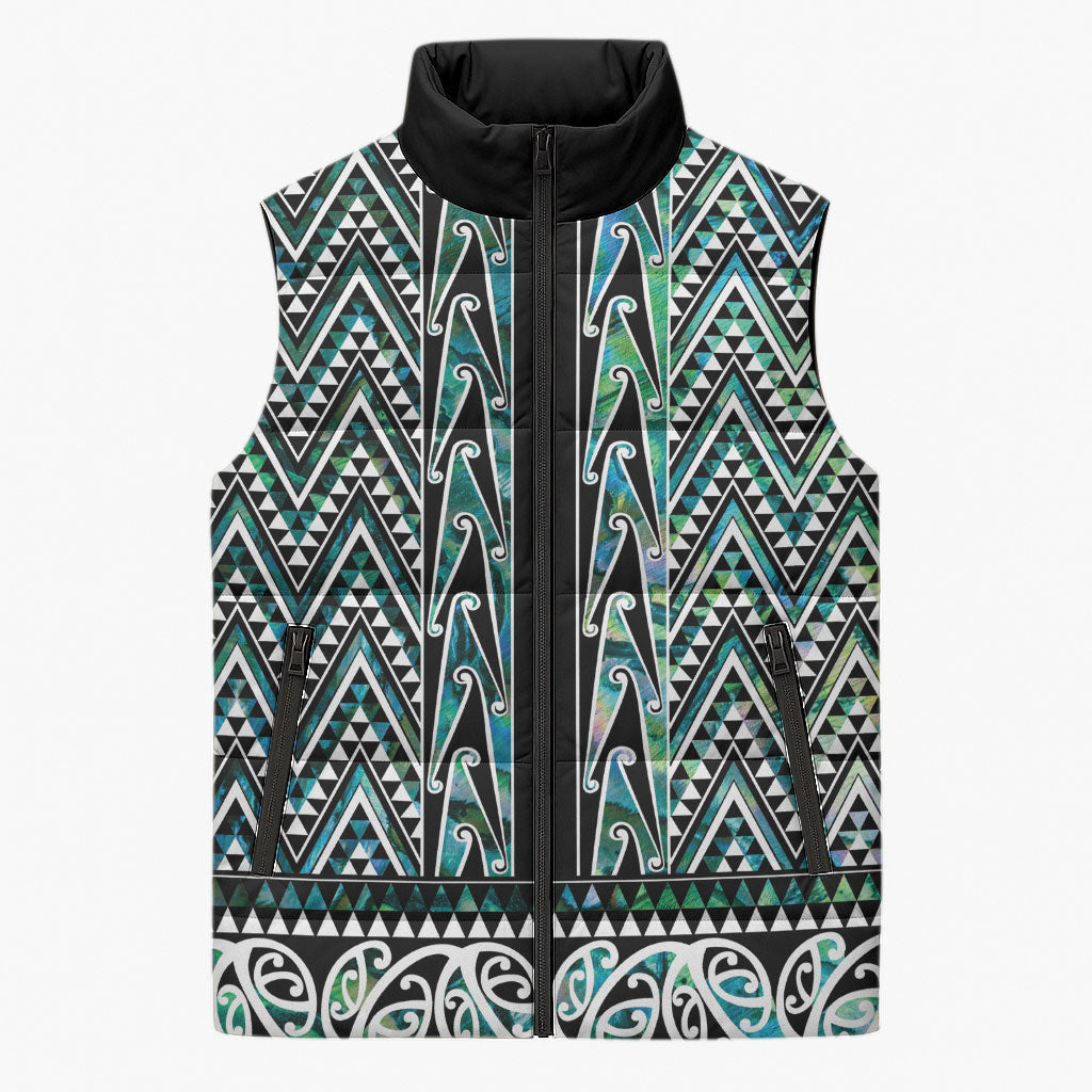 New Zealand Maori Niho Taniwha Sleeveless Puffer Jacket Papua Shell - Mangopare Puhoro Pattern LT9 Unisex Green - Polynesian Pride