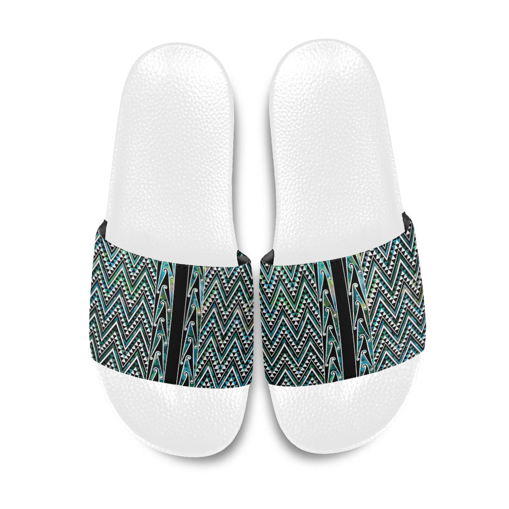 New Zealand Maori Niho Taniwha Slide Sandals Papua Shell - Mangopare Puhoro Pattern