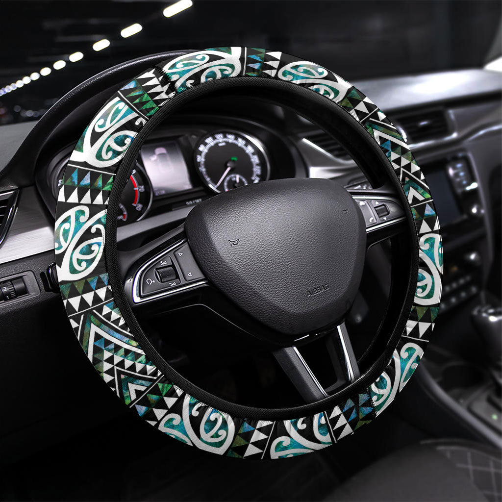New Zealand Maori Niho Taniwha Steering Wheel Cover Papua Shell - Mangopare Puhoro Pattern LT9 Universal Fit Green - Polynesian Pride
