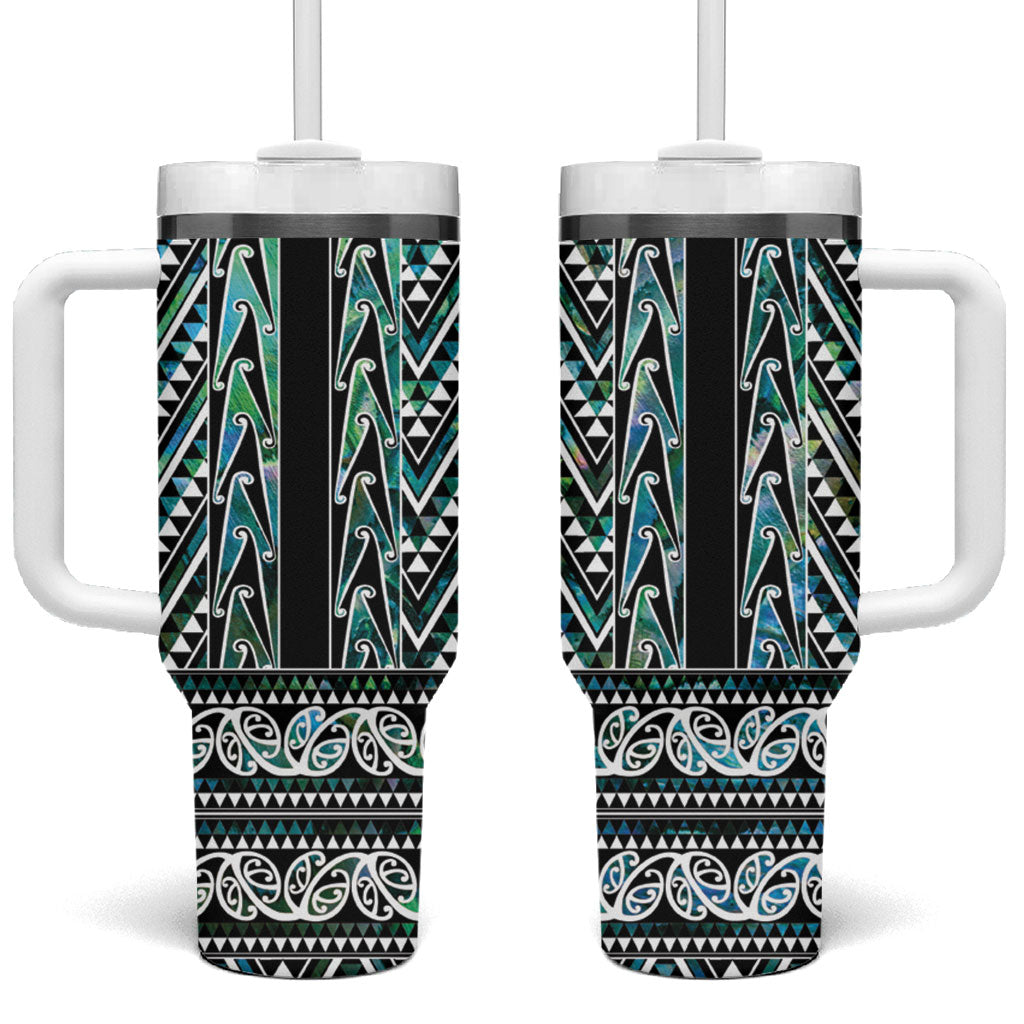 New Zealand Maori Niho Taniwha Tumbler With Handle Papua Shell - Mangopare Puhoro Pattern LT9 One Size: 40 oz Green - Polynesian Pride