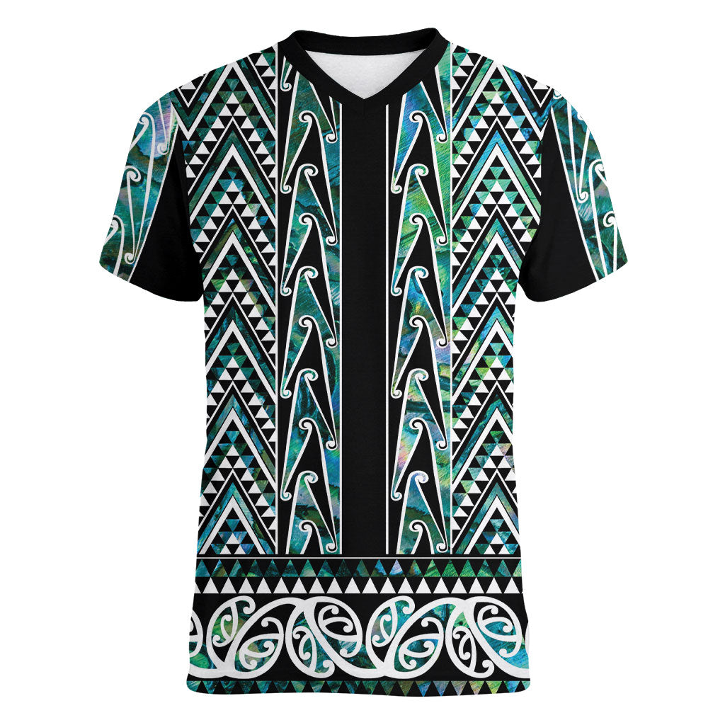 New Zealand Maori Niho Taniwha Women V-Neck T-Shirt Papua Shell - Mangopare Puhoro Pattern LT9 Female Green - Polynesian Pride