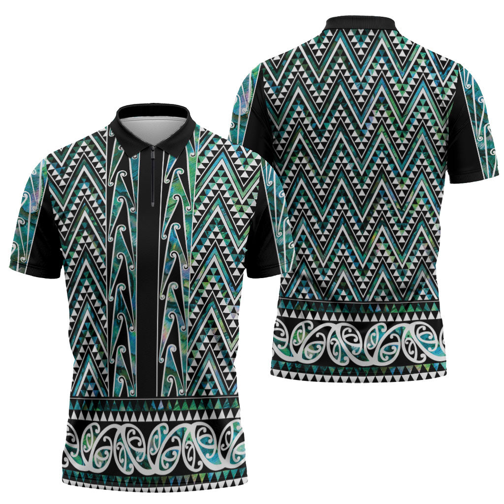 New Zealand Maori Niho Taniwha Zipper Polo Shirt Papua Shell - Mangopare Puhoro Pattern