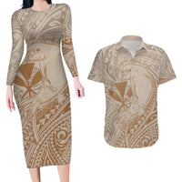 Hawaii Monk Seal and Map Couples Matching Long Sleeve Bodycon Dress and Hawaiian Shirt Polynesian Kanaka Maoli Beige Vibe LT9 Beige - Polynesian Pride