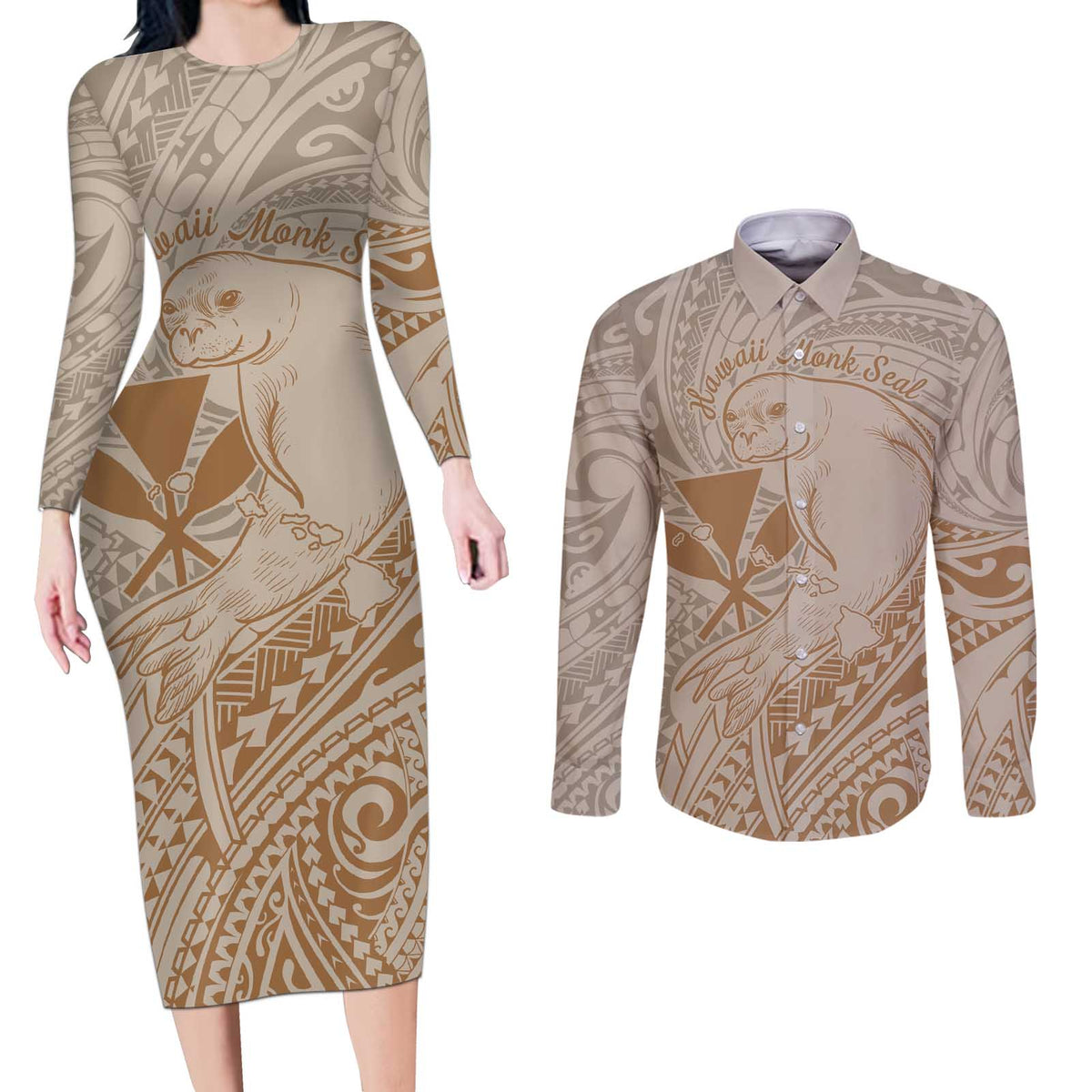 Hawaii Monk Seal and Map Couples Matching Long Sleeve Bodycon Dress and Long Sleeve Button Shirt Polynesian Kanaka Maoli Beige Vibe LT9 Beige - Polynesian Pride