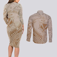 Hawaii Monk Seal and Map Couples Matching Long Sleeve Bodycon Dress and Long Sleeve Button Shirt Polynesian Kanaka Maoli Beige Vibe LT9 - Polynesian Pride