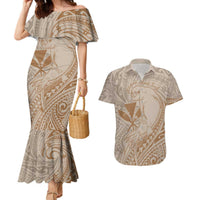 Hawaii Monk Seal and Map Couples Matching Mermaid Dress and Hawaiian Shirt Polynesian Kanaka Maoli Beige Vibe LT9 Beige - Polynesian Pride
