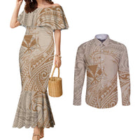 Hawaii Monk Seal and Map Couples Matching Mermaid Dress and Long Sleeve Button Shirt Polynesian Kanaka Maoli Beige Vibe LT9 Beige - Polynesian Pride