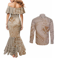 Hawaii Monk Seal and Map Couples Matching Mermaid Dress and Long Sleeve Button Shirt Polynesian Kanaka Maoli Beige Vibe LT9 - Polynesian Pride