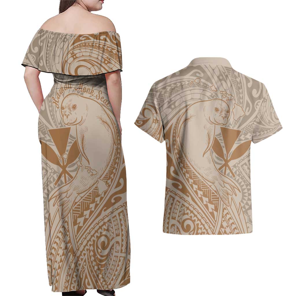 Hawaii Monk Seal and Map Couples Matching Off Shoulder Maxi Dress and Hawaiian Shirt Polynesian Kanaka Maoli Beige Vibe LT9 - Polynesian Pride
