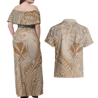 Hawaii Monk Seal and Map Couples Matching Off Shoulder Maxi Dress and Hawaiian Shirt Polynesian Kanaka Maoli Beige Vibe LT9 - Polynesian Pride