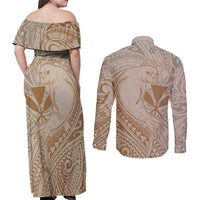 Hawaii Monk Seal and Map Couples Matching Off Shoulder Maxi Dress and Long Sleeve Button Shirt Polynesian Kanaka Maoli Beige Vibe LT9 - Polynesian Pride