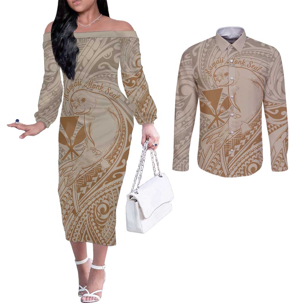 Hawaii Monk Seal and Map Couples Matching Off The Shoulder Long Sleeve Dress and Long Sleeve Button Shirt Polynesian Kanaka Maoli Beige Vibe LT9 Beige - Polynesian Pride