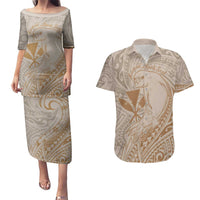 Hawaii Monk Seal and Map Couples Matching Puletasi and Hawaiian Shirt Polynesian Kanaka Maoli Beige Vibe LT9 Beige - Polynesian Pride