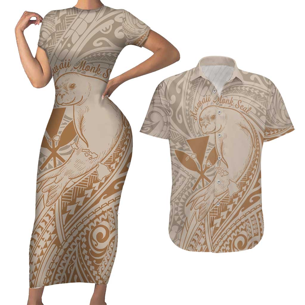Hawaii Monk Seal and Map Couples Matching Short Sleeve Bodycon Dress and Hawaiian Shirt Polynesian Kanaka Maoli Beige Vibe LT9 Beige - Polynesian Pride