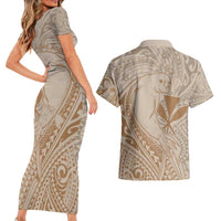 Hawaii Monk Seal and Map Couples Matching Short Sleeve Bodycon Dress and Hawaiian Shirt Polynesian Kanaka Maoli Beige Vibe LT9 - Polynesian Pride