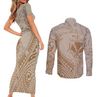 Hawaii Monk Seal and Map Couples Matching Short Sleeve Bodycon Dress and Long Sleeve Button Shirt Polynesian Kanaka Maoli Beige Vibe LT9 - Polynesian Pride
