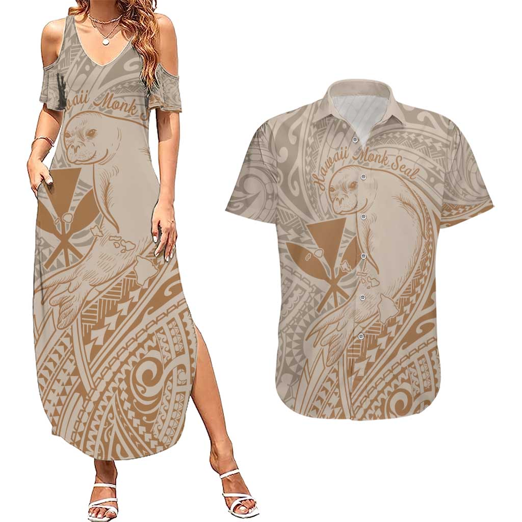 Hawaii Monk Seal and Map Couples Matching Summer Maxi Dress and Hawaiian Shirt Polynesian Kanaka Maoli Beige Vibe LT9 Beige - Polynesian Pride
