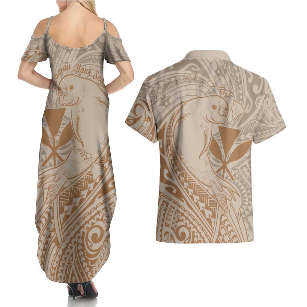 Hawaii Monk Seal and Map Couples Matching Summer Maxi Dress and Hawaiian Shirt Polynesian Kanaka Maoli Beige Vibe LT9 - Polynesian Pride