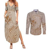 Hawaii Monk Seal and Map Couples Matching Summer Maxi Dress and Long Sleeve Button Shirt Polynesian Kanaka Maoli Beige Vibe LT9 Beige - Polynesian Pride