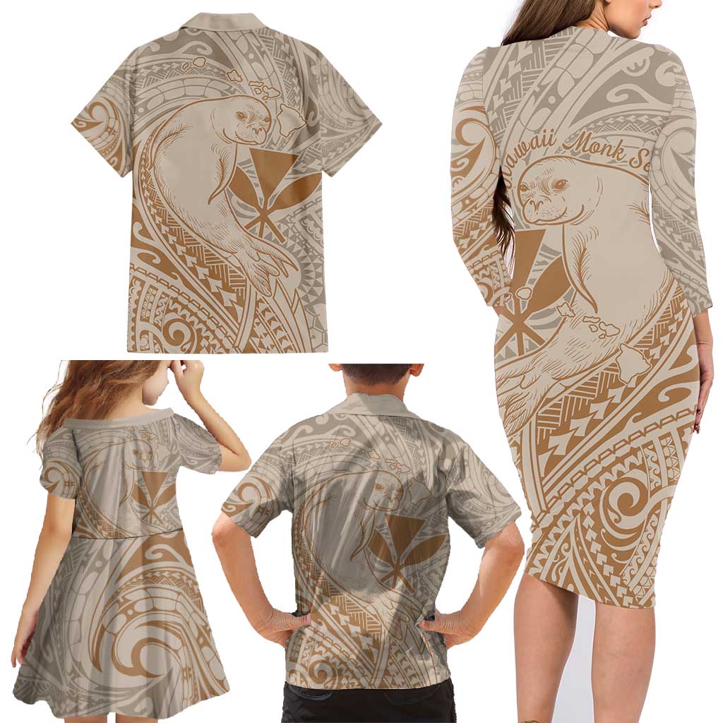Hawaii Monk Seal and Map Family Matching Long Sleeve Bodycon Dress and Hawaiian Shirt Polynesian Kanaka Maoli Beige Vibe LT9 - Polynesian Pride