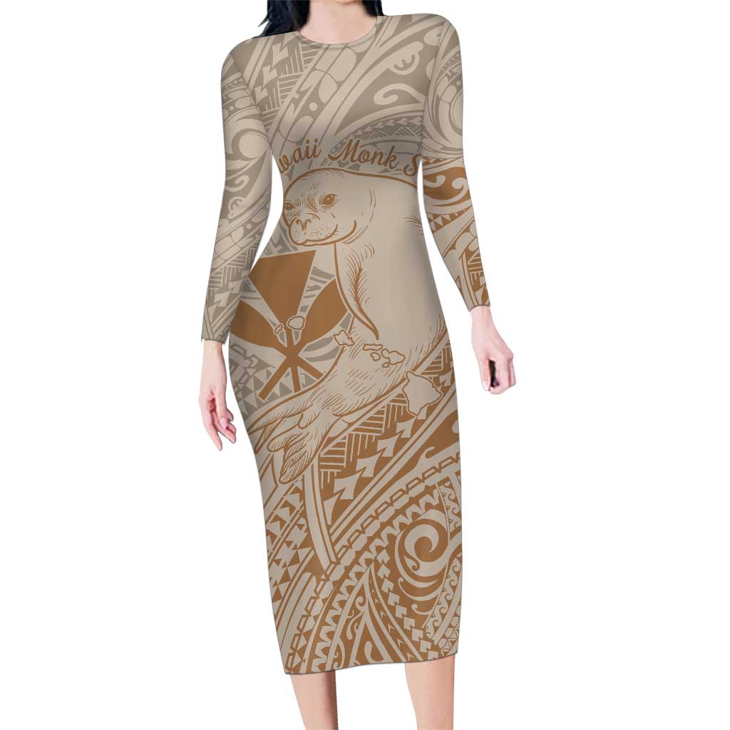 Hawaii Monk Seal and Map Family Matching Long Sleeve Bodycon Dress and Hawaiian Shirt Polynesian Kanaka Maoli Beige Vibe LT9 Mom's Dress Beige - Polynesian Pride