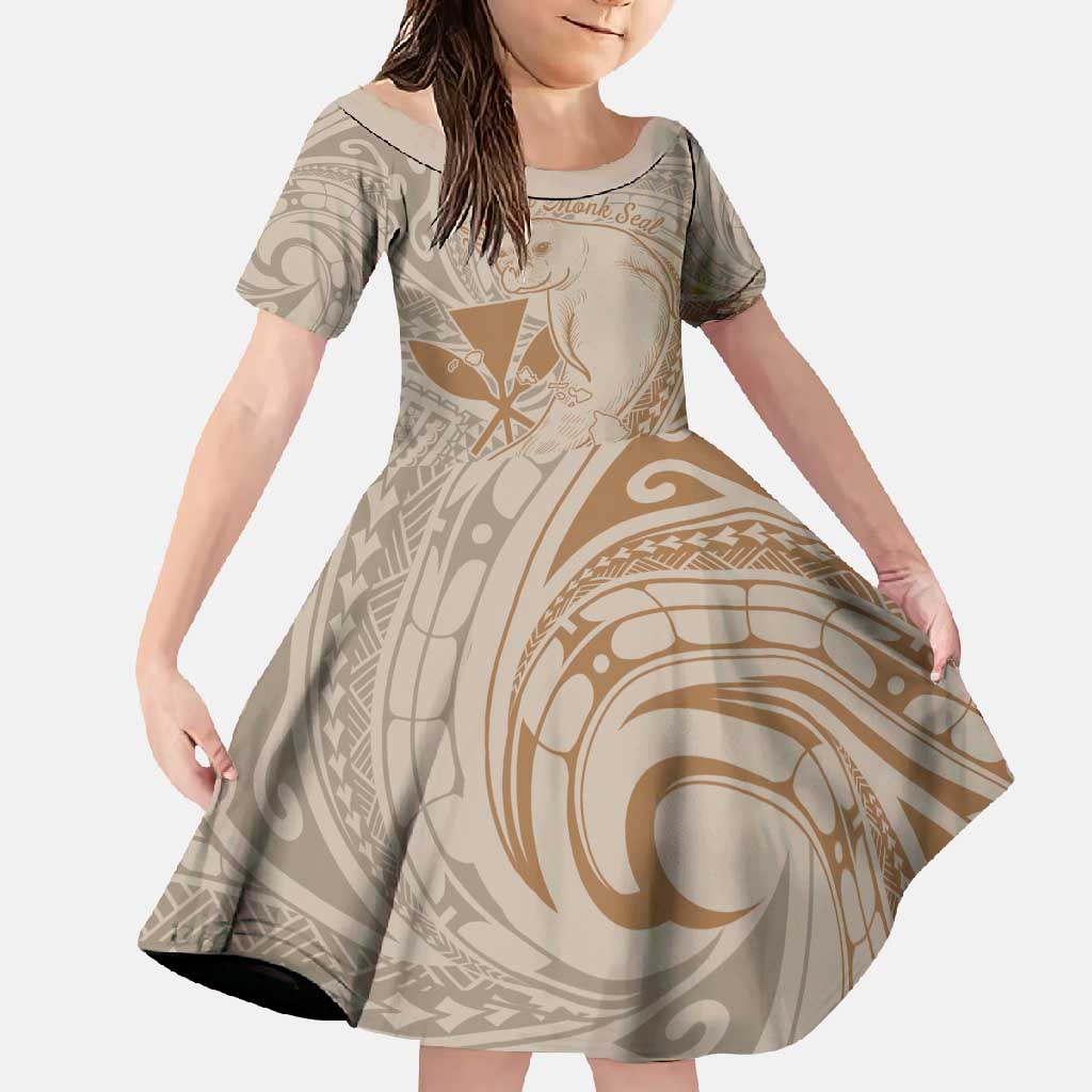 Hawaii Monk Seal and Map Family Matching Mermaid Dress and Hawaiian Shirt Polynesian Kanaka Maoli Beige Vibe LT9 Daughter's Dress Beige - Polynesian Pride