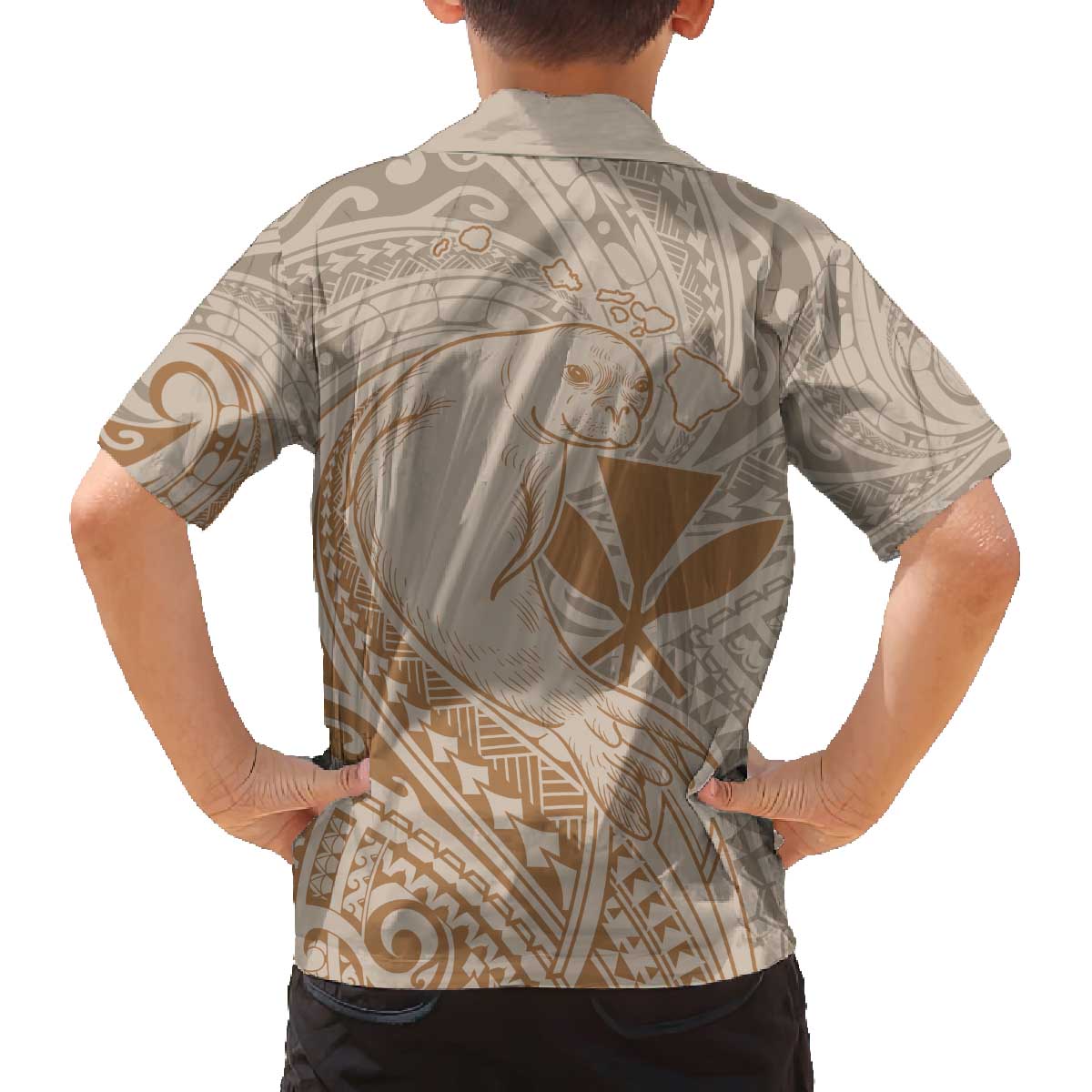 Hawaii Monk Seal and Map Family Matching Off The Shoulder Long Sleeve Dress and Hawaiian Shirt Polynesian Kanaka Maoli Beige Vibe LT9 - Polynesian Pride