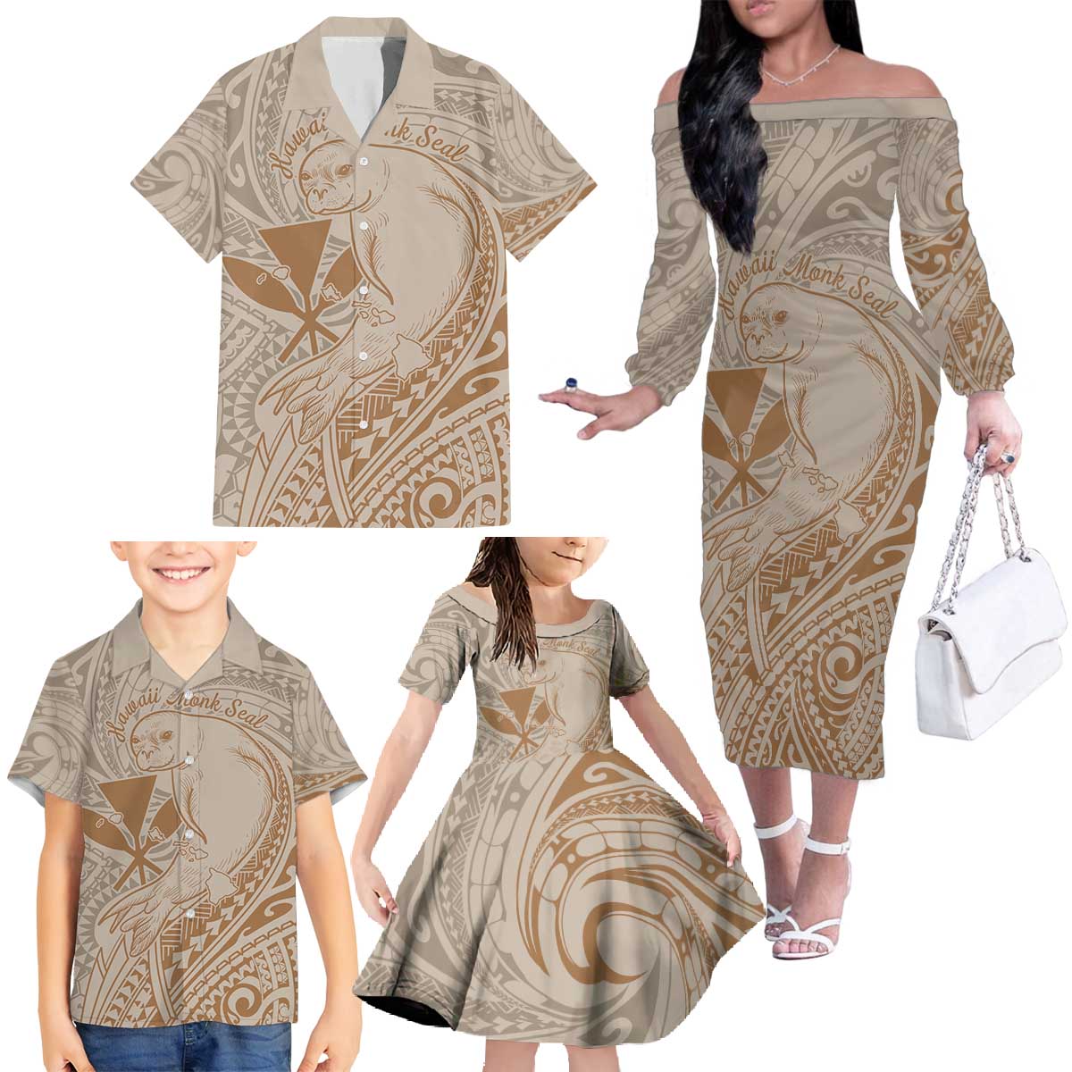 Hawaii Monk Seal and Map Family Matching Off The Shoulder Long Sleeve Dress and Hawaiian Shirt Polynesian Kanaka Maoli Beige Vibe LT9 - Polynesian Pride