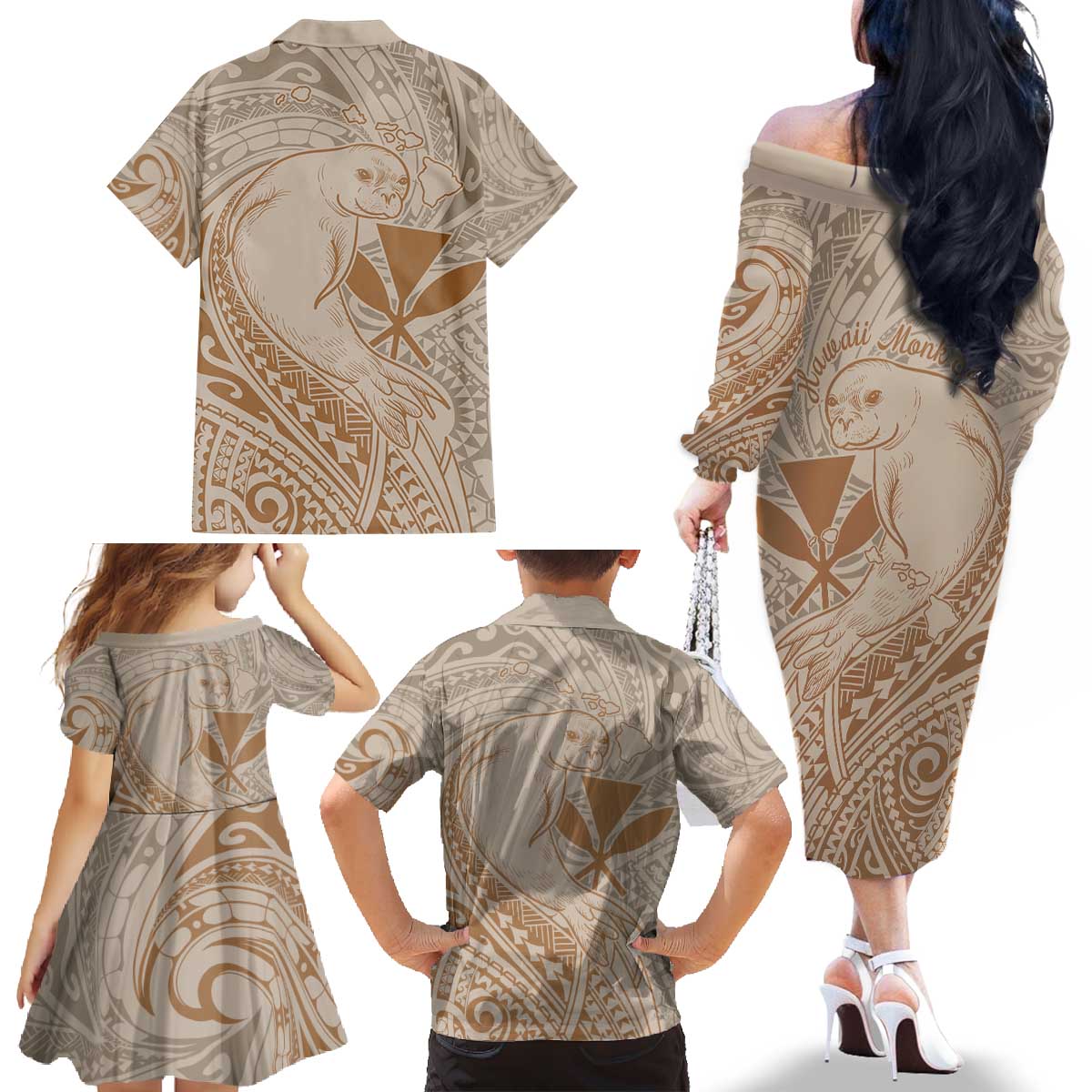 Hawaii Monk Seal and Map Family Matching Off The Shoulder Long Sleeve Dress and Hawaiian Shirt Polynesian Kanaka Maoli Beige Vibe LT9 - Polynesian Pride