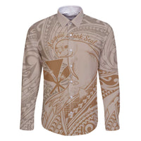 Hawaii Monk Seal and Map Family Matching Off The Shoulder Long Sleeve Dress and Hawaiian Shirt Polynesian Kanaka Maoli Beige Vibe LT9 Dad's Shirt - Long Sleeve Beige - Polynesian Pride